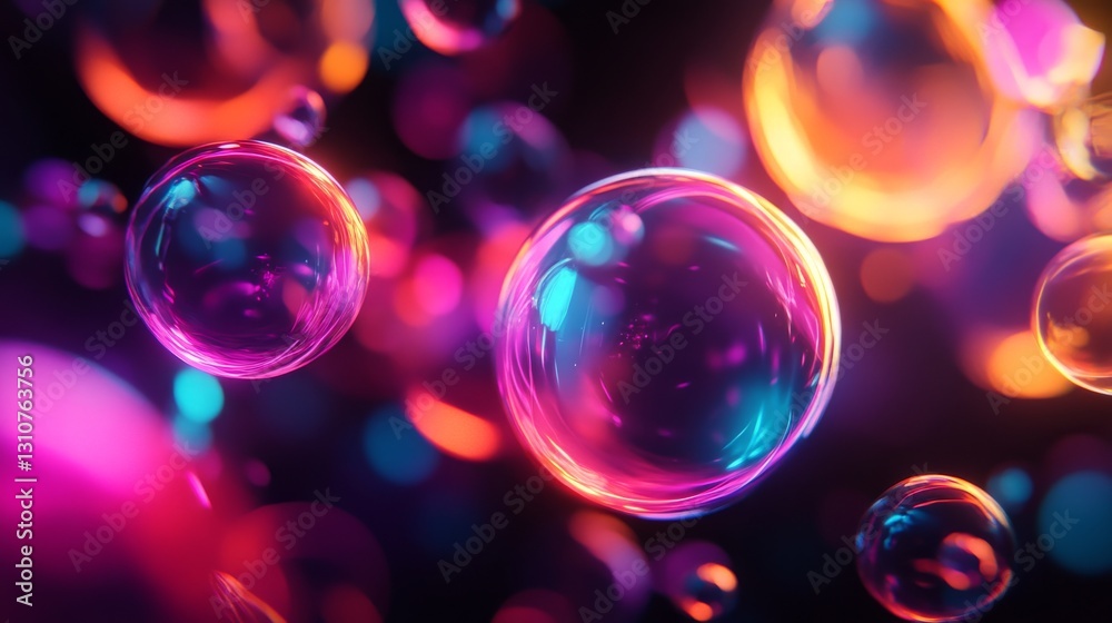 Glowing transparent spheres with colorful reflections float around gently