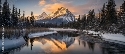 Snowtopped Mountain Reflected In The Calm Waters Of A Serene Stream With Captivating Cinematic Lighting And Atmospheric Scenery That Creates A Dreamlike Enchanting Landscape photo