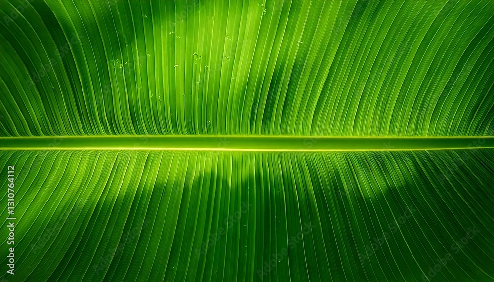 High-Resolution Macro Texture of a Banana Leaf, Vibrant Green Blade with Natural Tears and a Smooth Parallel Vein Structure High-Resolution Macro Texture of a Banana Leaf, Vibrant Green Blade with Natural Tears and a Smooth Parallel Vein Structure
