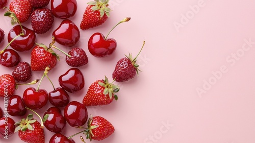 Fresh strawberries and ripe cherries are scattered on a pink surface, creating a vibrant summer scene.