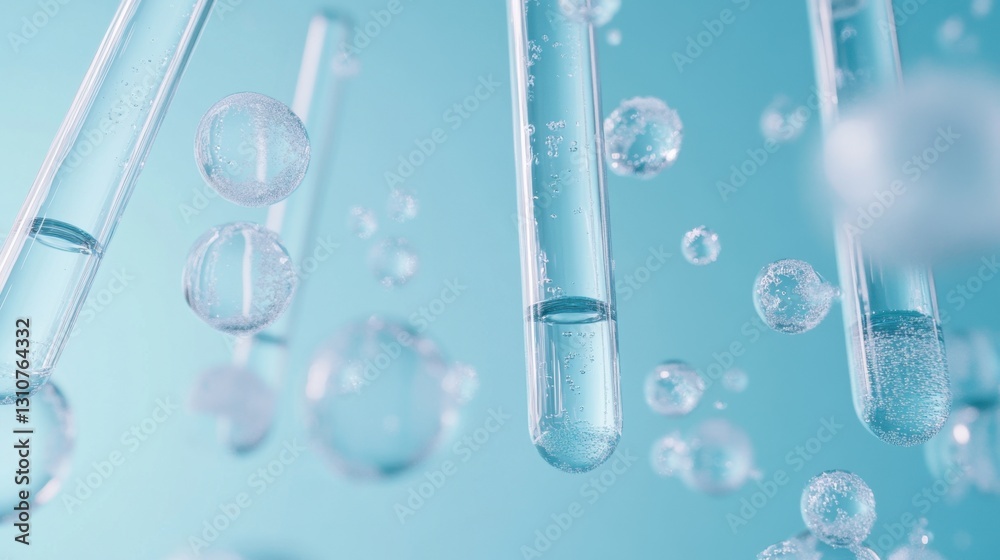 Scientific elegance: clear test tubes and beakers suspended in blue-tinted water, natural medicine and clean beauty concept Scientific elegance: clear test tubes and beakers suspended in blue-tinted water, natural medicine and clean beauty concept