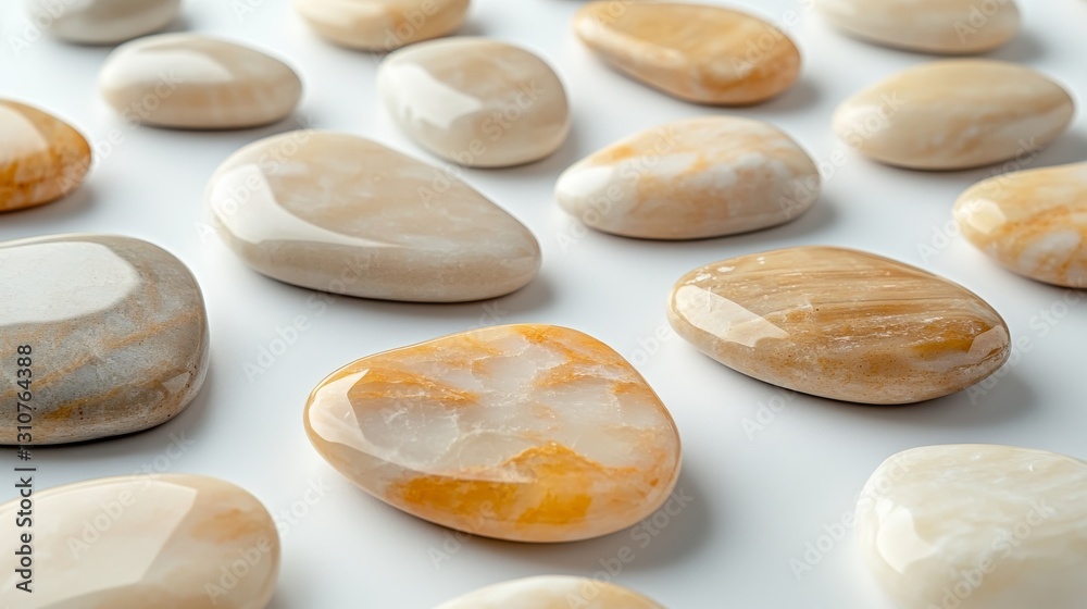 A collection of smooth pebbles are resting on a white surface A collection of smooth pebbles are resting on a white surface