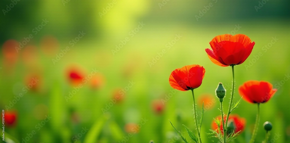 Vibrant red poppy flowers blooming in a lush green grass meadow, garden, nature Vibrant red poppy flowers blooming in a lush green grass meadow, garden, nature
