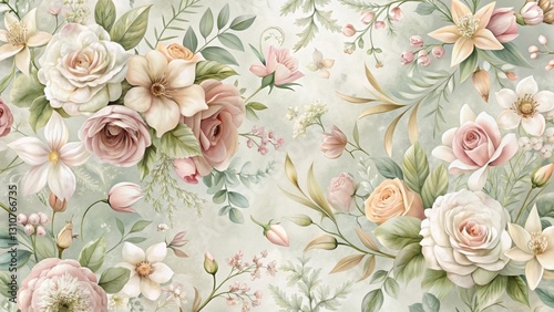 Elegant Pastel Floral Design Featuring Roses, Magnolias, and Delicate Blossoms in a Soft, Romantic Arrangement on a Subtle Green Background