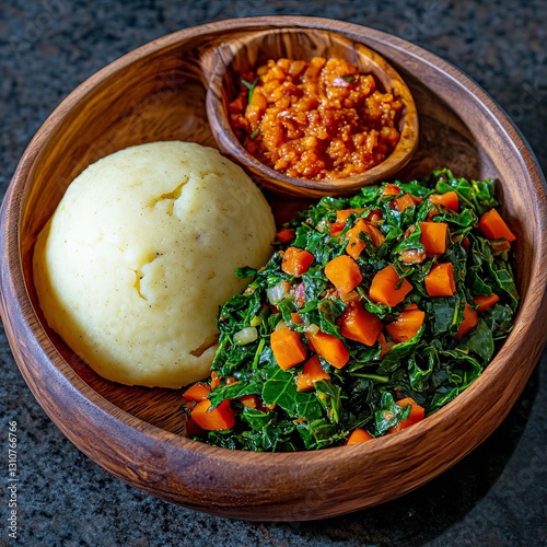 A vibrant plate of traditional African cuisine featuring green vegetables and starchy side.