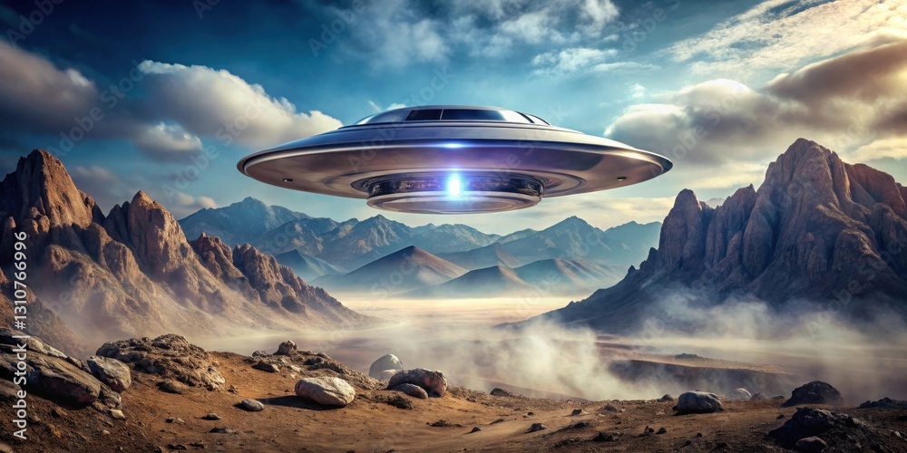 custom made wallpaper toronto digitalA futuristic spacecraft hovers silently above a desolate, rocky landscape, shrouded in mist and mystery, under a dramatic sky.