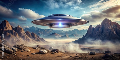 Wallpaper Mural A futuristic spacecraft hovers silently above a desolate, rocky landscape, shrouded in mist and mystery, under a dramatic sky. Torontodigital.ca