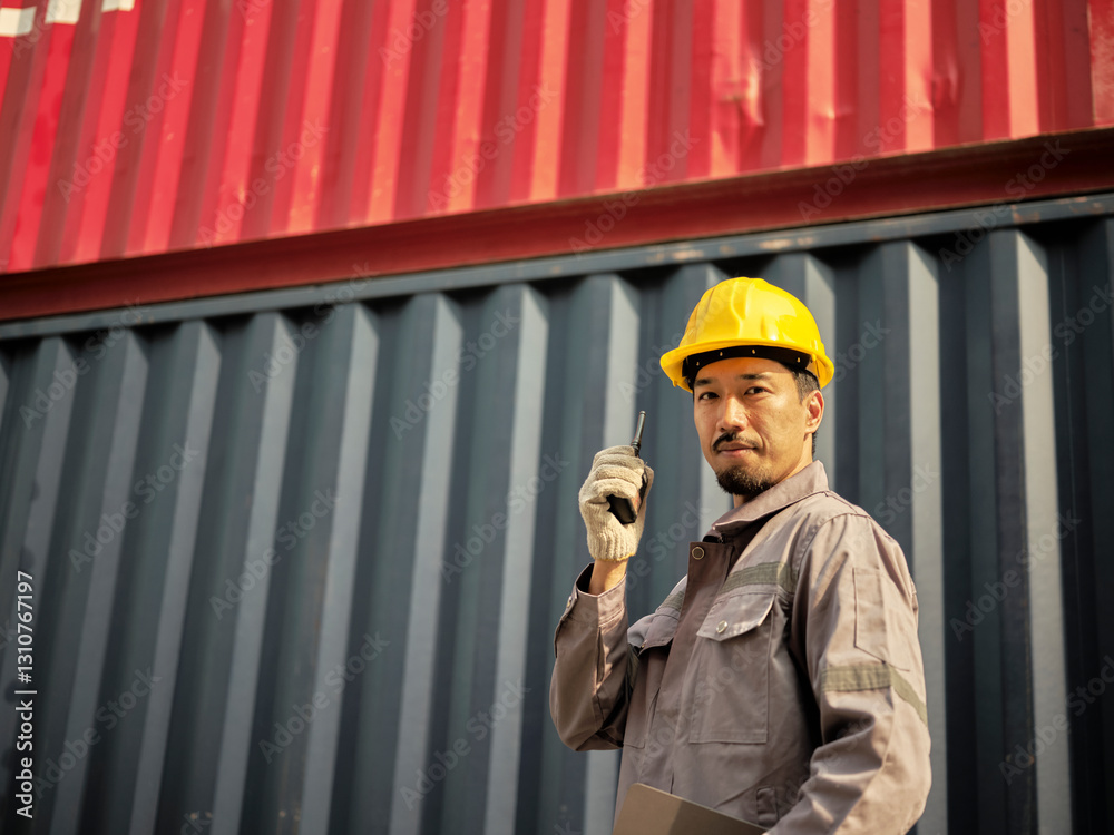 Asian worker wearing safety helmet and using walkie talkie
