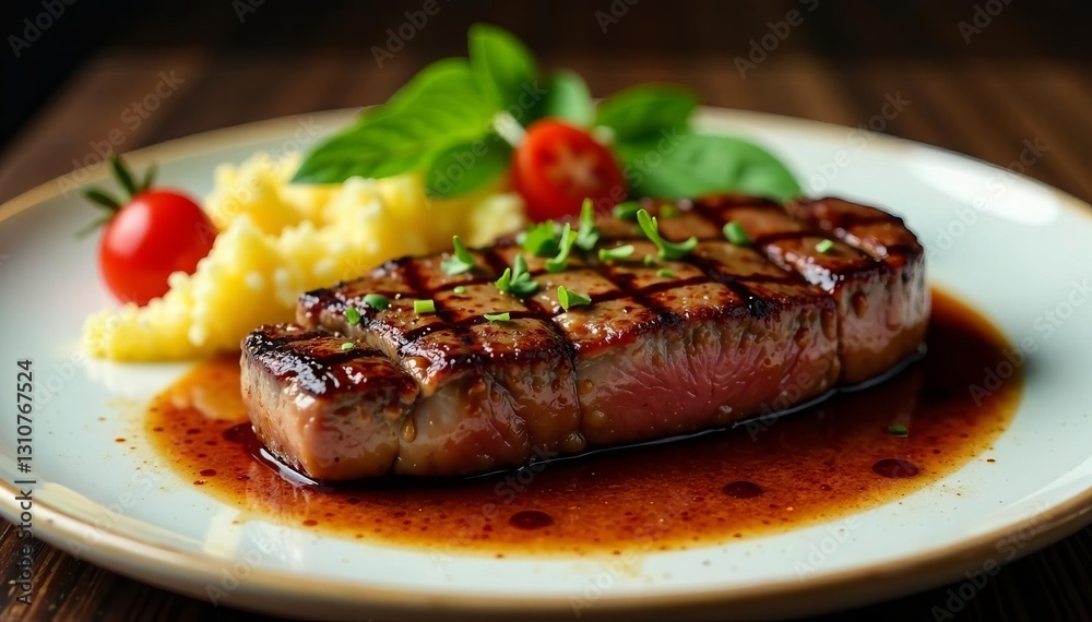 Delicious steak with perfect sear marks on a plate, meal, juicy, dinner Delicious steak with perfect sear marks on a plate, meal, juicy, dinner