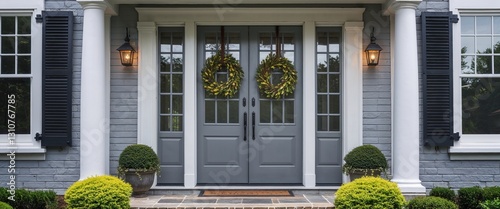 Wallpaper Mural double front door in gray colonial home house frontage portrait Torontodigital.ca