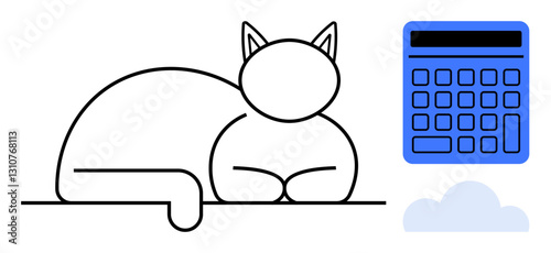 Cat reclining peacefully, simple calculator in blue, minimal cloud. Ideal for productivity, balance, simplicity, work-life harmony, organization calm focus. Flat simple metaphor