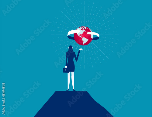 Businesswoman holding world at the top of mountain. Business vector concept