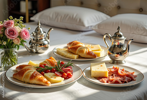 Elegant Room Service Breakfast Tray on Luxury Bed for Hotel Marketing Materials photo