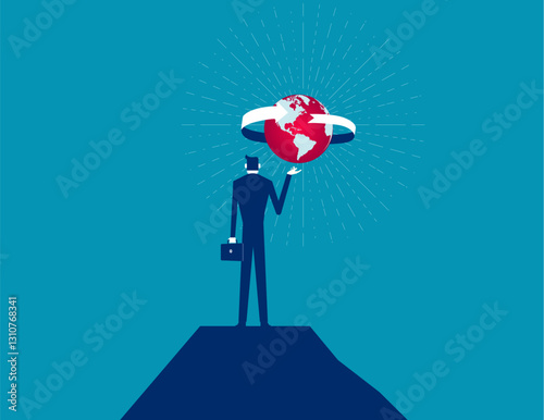 Businessman holding world at the top of mountain. Business vector concept