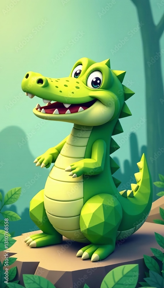 Fototapeta premium Cute low poly crocodile illustration for children's books or games, illustration, children, cute