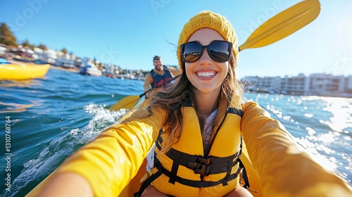 Smiling woman in a yellow kayak enjoying a sunny day on the water.