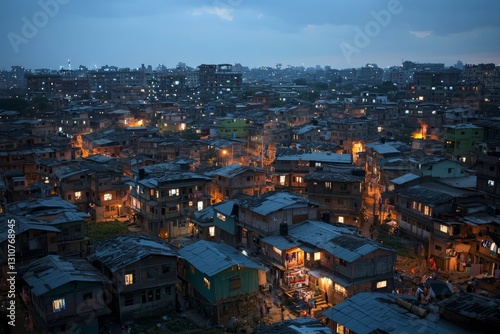 A high-angle view of a city during iftar, with rooftops lit up as families gather for the evening meal. The warm glow of homes contrasts with the cool blue sky