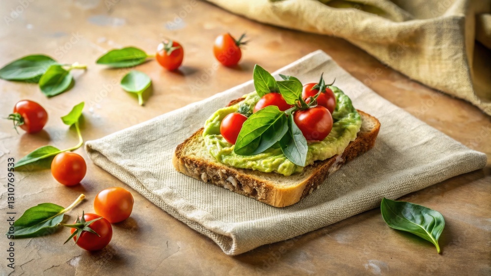 Delicious Avocado Toast with Cherry Tomatoes and Basil Garnish on Linen Napkin Delicious Avocado Toast with Cherry Tomatoes and Basil Garnish on Linen Napkin