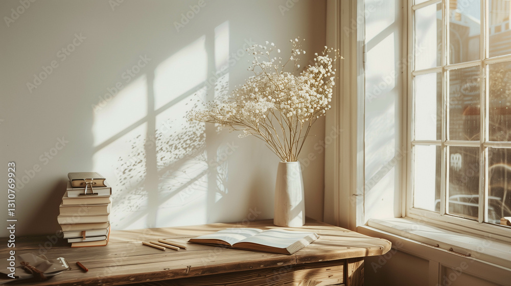 Fototapeta premium Cozy wooden desk bathed in sunlight with dried flowers and stacked books