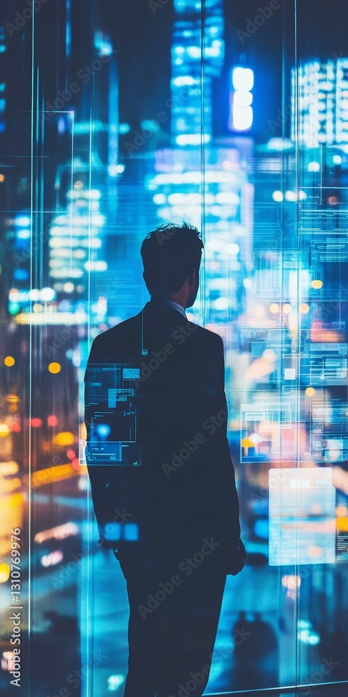 A man in a suit stands in front of a city skyline