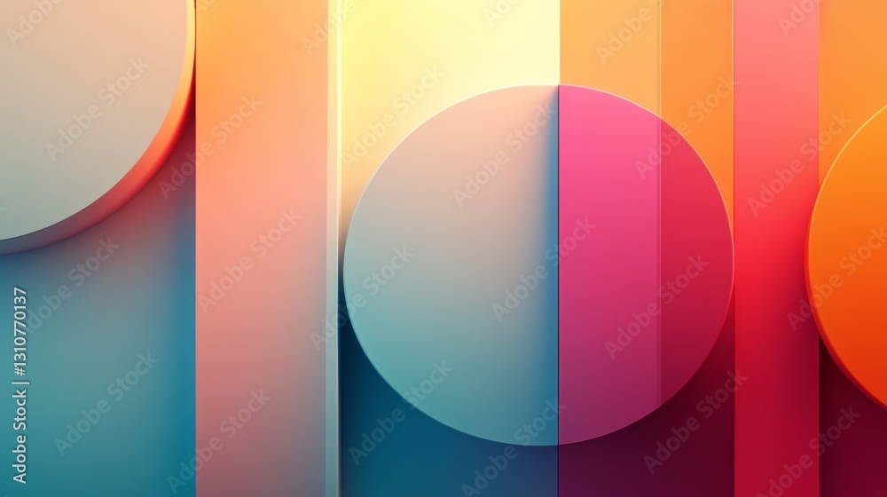 Colorful geometric composition featuring multiple overlapping shapes and gradients