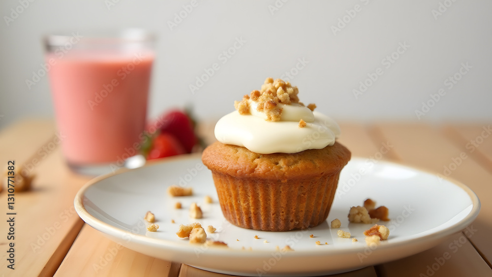 A cozy breakfast of carrot and walnut muffin with cream cheese frosting and strawberry smoothie. Natural lighting highlights the textures, set on a light wood table with a white wall backdrop. A cozy breakfast of carrot and walnut muffin with cream cheese frosting and strawberry smoothie. Natural lighting highlights the textures, set on a light wood table with a white wall backdrop.