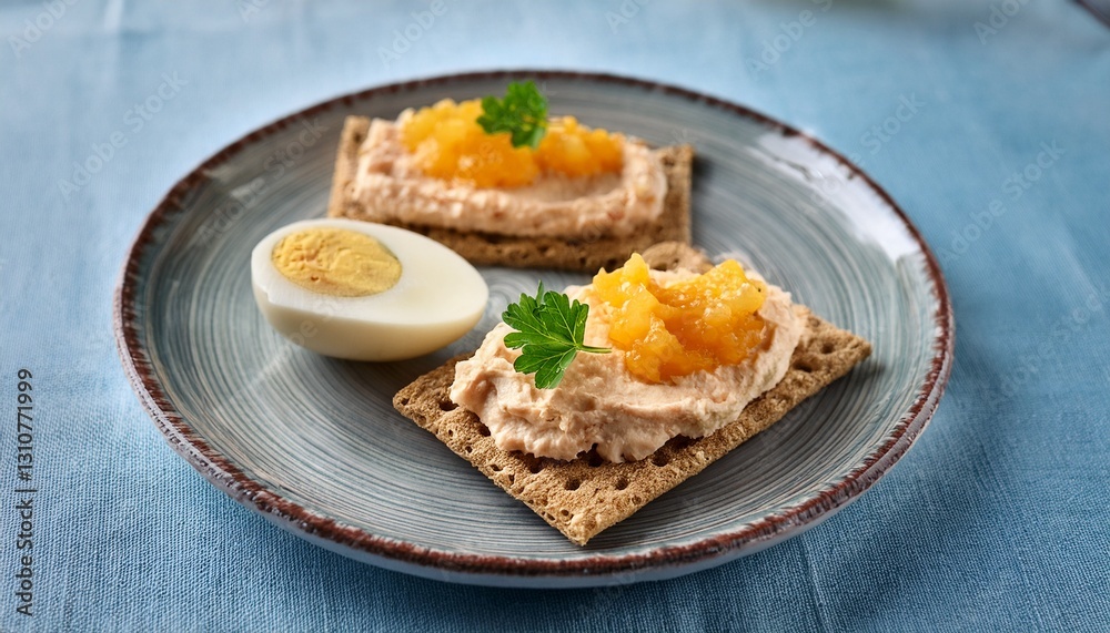 swedish snack cod roe paste on crisp bread and bitten boiled egg on light blue linen tablecloth swedish snack cod roe paste on crisp bread and bitten boiled egg on light blue linen tablecloth