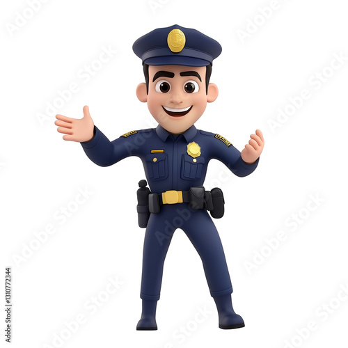 Cartoon Officer Standing with Welcoming Gesture Against Transparent or White Background, Public Services and Community Workers Concept