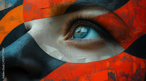 A striking blue eye emerges through abstract textures of red, black, and white, blending realism with surreal, painted layers of emotion and mystery.