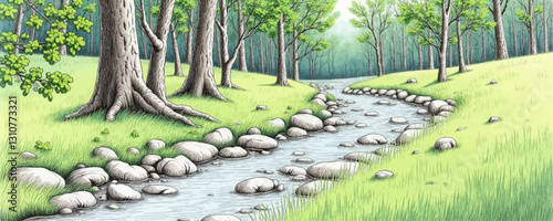 Babbling Brook with Lush Trees and Grass Illustration