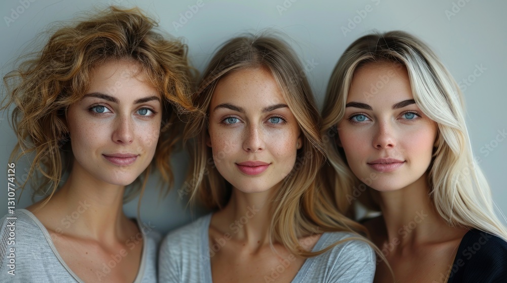 Three women, studio portrait, neutral background, looking directly at camera Three women, studio portrait, neutral background, looking directly at camera