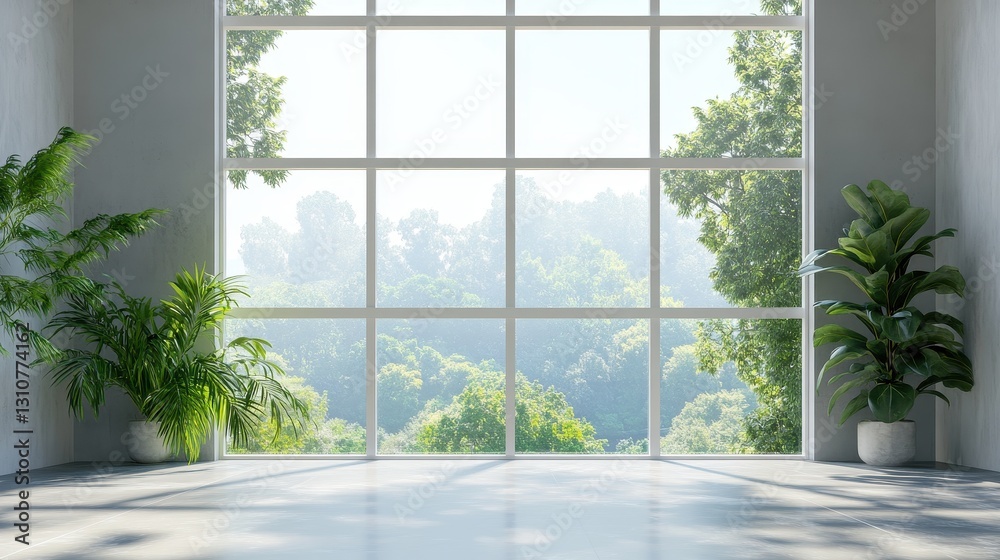Naklejka premium Bright Modern Interior with Large Window and Lush Green Plants