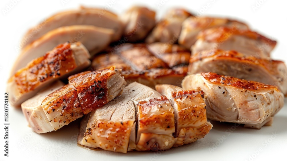 Roasted duck slices on white plate, close-up, food background Roasted duck slices on white plate, close-up, food background