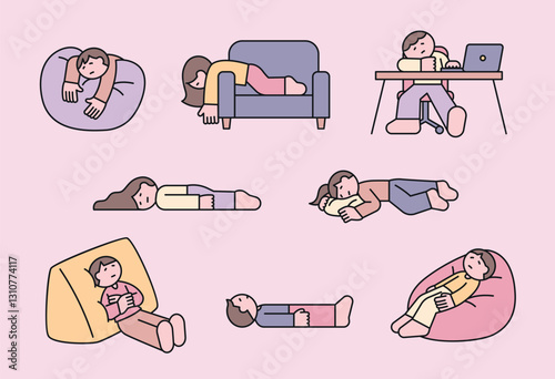 Cute illustration of tired and exhausted people in various resting poses, depicting laziness, fatigue, and relaxation. Simple and modern design.