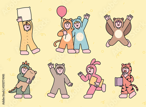 Cute illustration of children wearing animal onesie costumes, enjoying a fun and cheerful pajama party. Playful and energetic atmosphere.