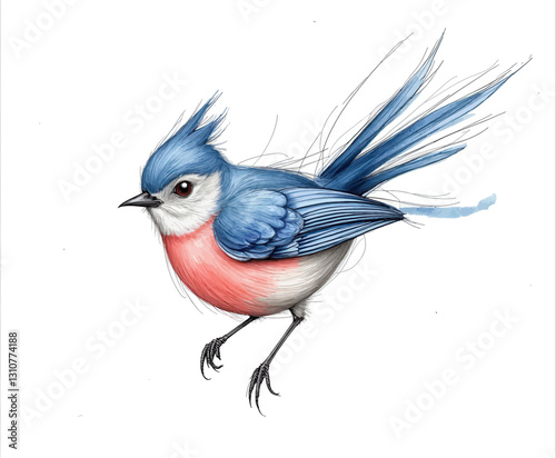 Blue bird art with red chest feathers and sketch accents