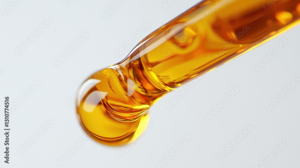 Fototapeta premium Close-up View of Amber Liquid Droplet from Glass Pipette