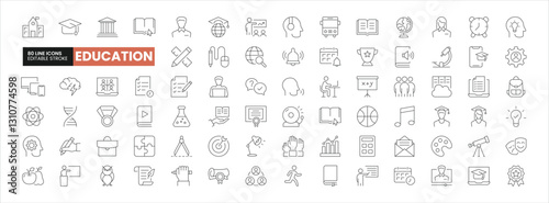 Set of 80 Education line icons set. Education outline icons with editable stroke collection. Includes E-Learning, University, Teacher, Audio Book, Graduation and More.