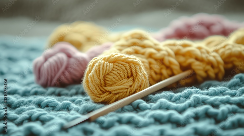 Colorful Yarn and Knitting Needle on Cozy Knit Background Colorful Yarn and Knitting Needle on Cozy Knit Background