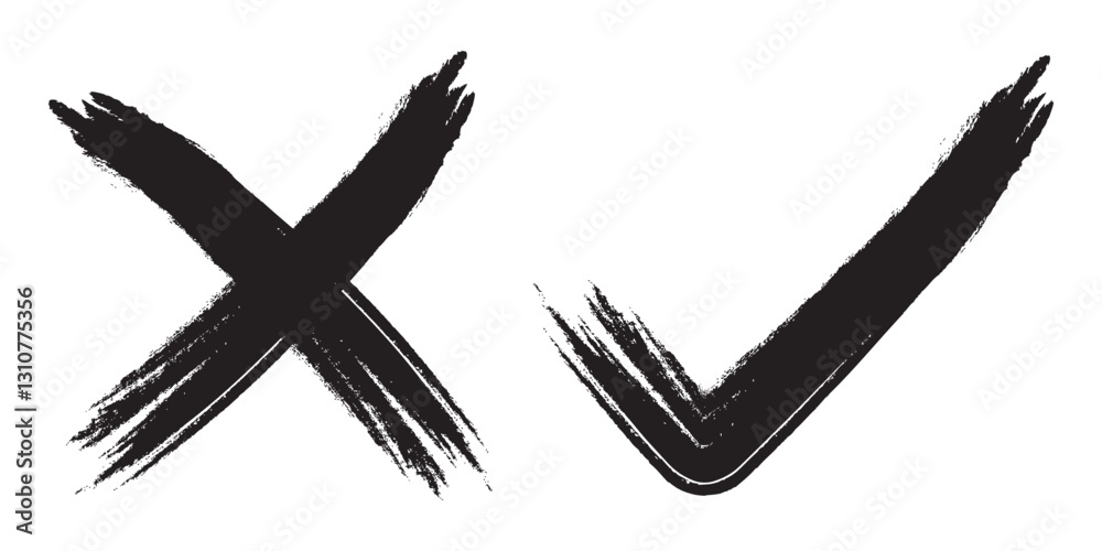 Check mark and cross mark brush icons. Tick and cross symbol. Right and wrong symbol. Agree or disagree pictogram. vector illustration. Check mark and cross mark brush icons. Tick and cross symbol. Right and wrong symbol. Agree or disagree pictogram. vector illustration.