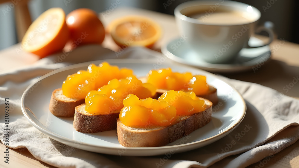 A cozy breakfast of whole-grain toast with orange marmalade and milky coffee. Natural lighting highlights the glossy finish, set on a light wood table with a beige linen cloth. A cozy breakfast of whole-grain toast with orange marmalade and milky coffee. Natural lighting highlights the glossy finish, set on a light wood table with a beige linen cloth.