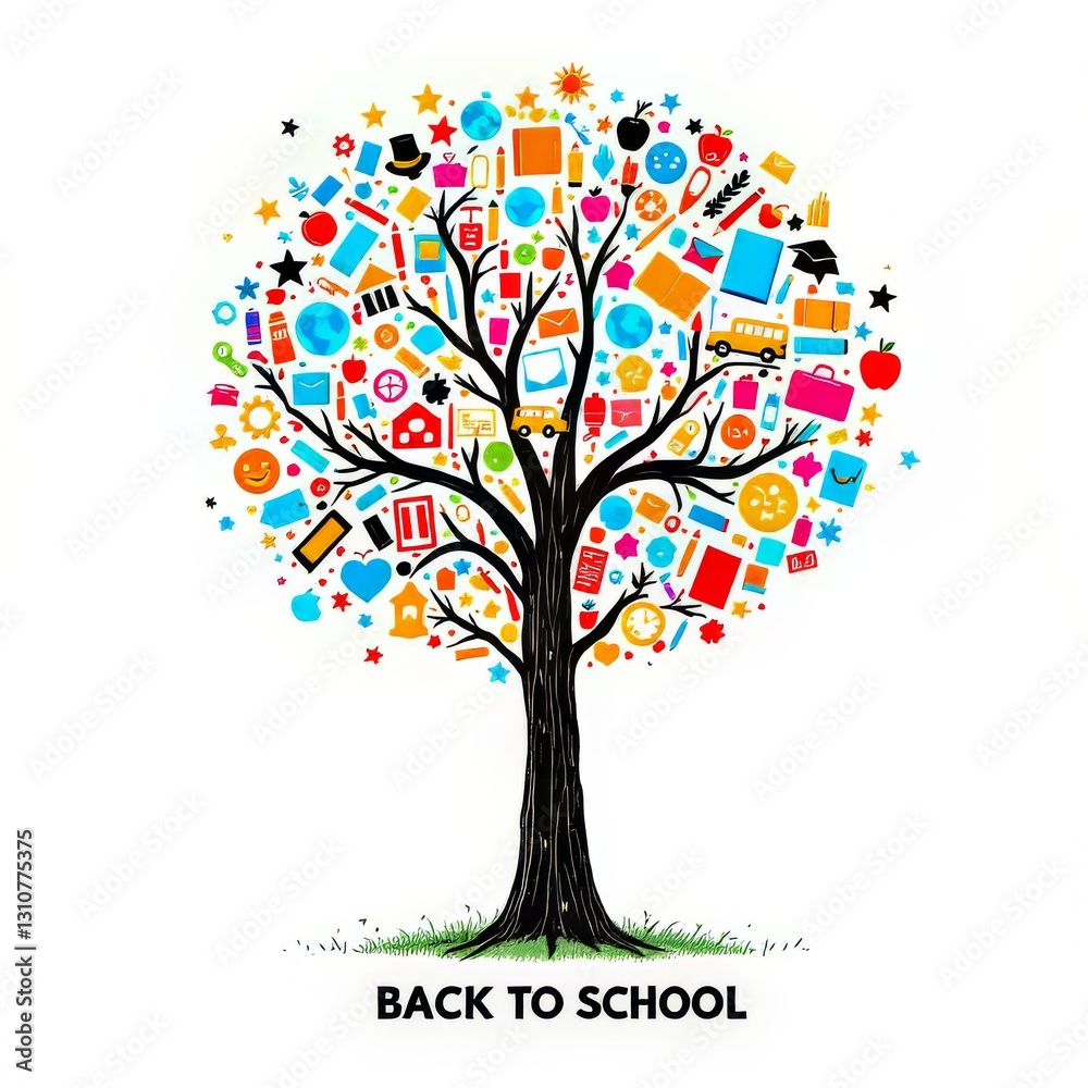 Obraz premium Colorful educational icons form a whimsical tree shape