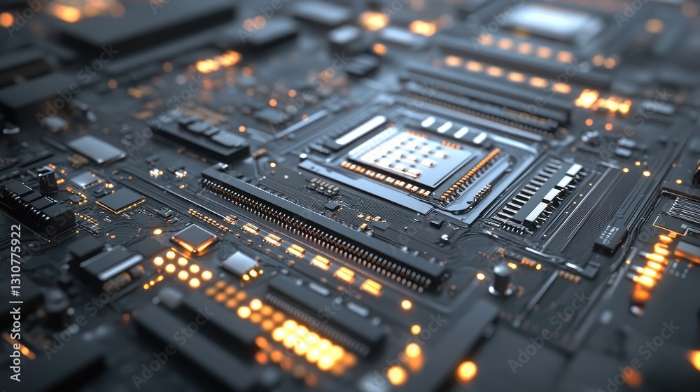 Detailed Close-Up of a Modern Circuit Board with Illuminated Components Detailed Close-Up of a Modern Circuit Board with Illuminated Components