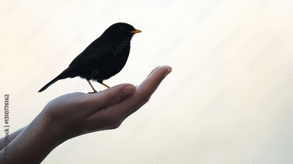 Fototapeta premium A silhouette of a small black bird perched on an outstretched hand against a soft, light background, symbolizing connection and nature.