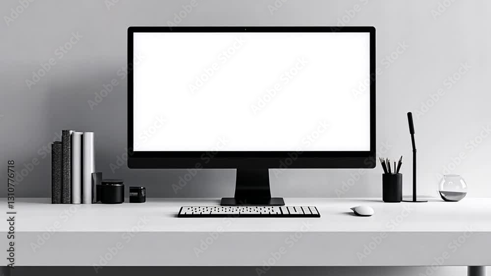 Modern workspace with computer, keyboard, mouse and accessories