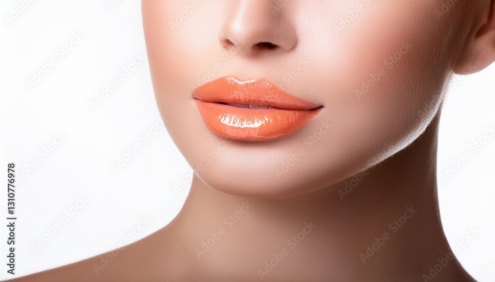 Obraz premium a womanrs lips wearing a soft coral lipstick with a natural gloss isolated on white background