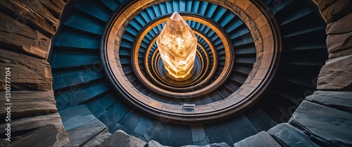 Spiral stone staircase winding around a massive glowing crystal