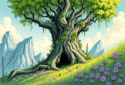Cartoon Oak Tree Hollow With Purple Flowers And Mountain Peaks
