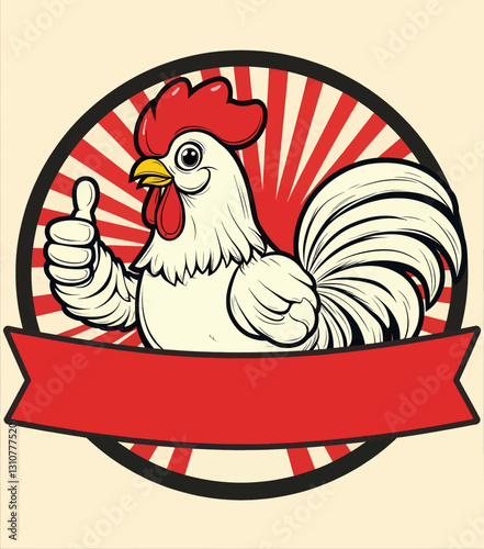 Cartoon Rooster Thumbs Up with Red Banner