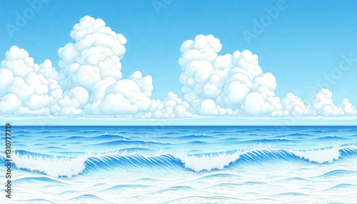 Cartoon Sea Waves Under Cumulus Clouds in Blue Sky